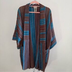 Free People Blue Luna Swing Kimono Open Front Boho Striped Oversized M/L Rare